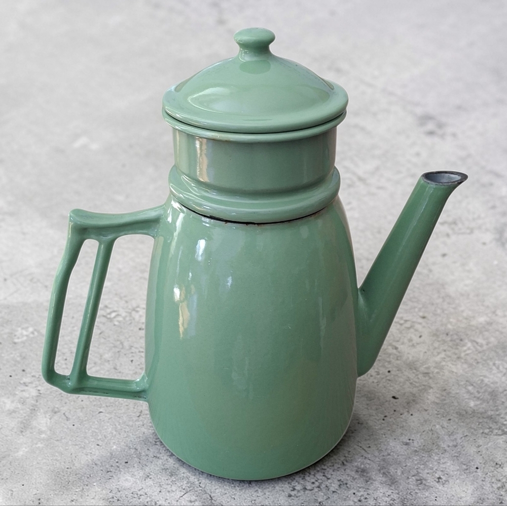 Vintage 1950s–1970s Belgium Enamel Coffee Tea Pot Green Made in Belgium